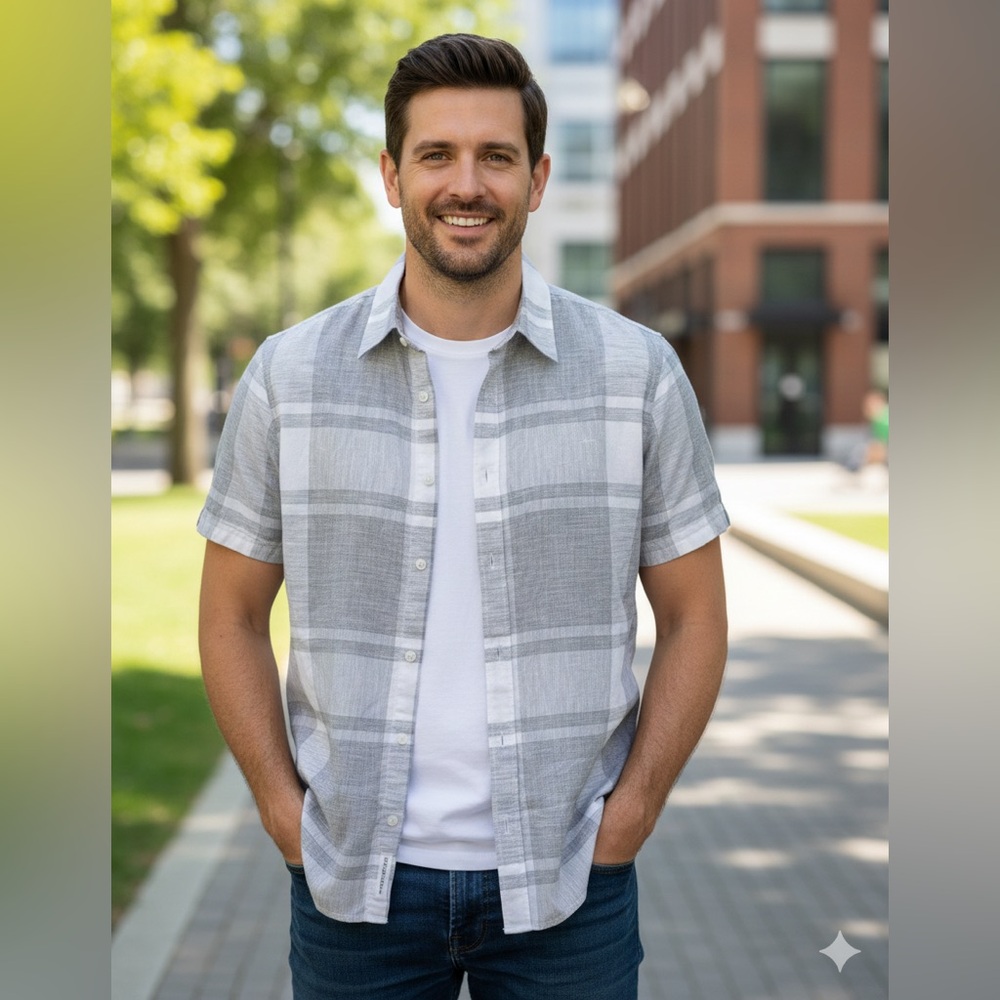 Calvin Klein Light Gray Plaid Men's Shirt Large